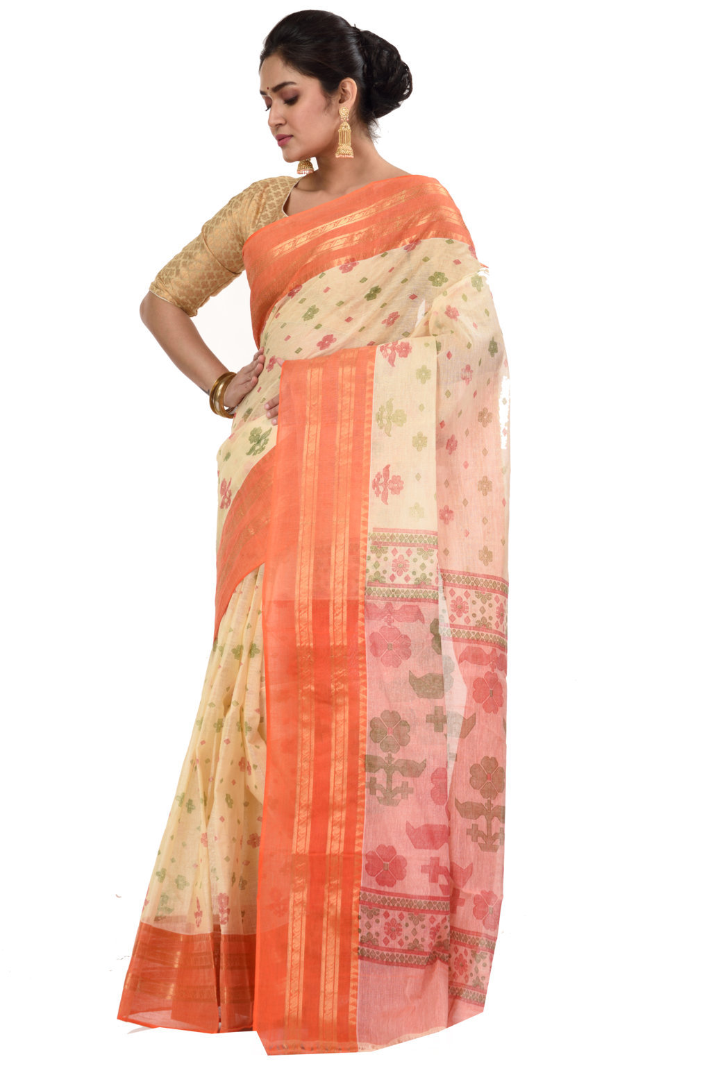 Orange Pure Cotton FullBall Print Tant Saree Print (432)